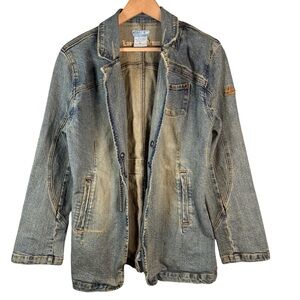 Azzure Jeans VTG Y2K Denim Blazer Jacket Size XL Open Slim Pockets Distressed